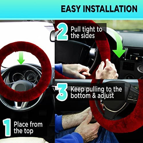 ANDALUS Brands Australian Sheepskin Wool Steering Wheel Cover for Women & Men-Universal 15 Inch Steering Wheels & Accessories - Eco-Friendly Wheel Cover for Car-Car Accessories (Burgundy/ Dark Red)