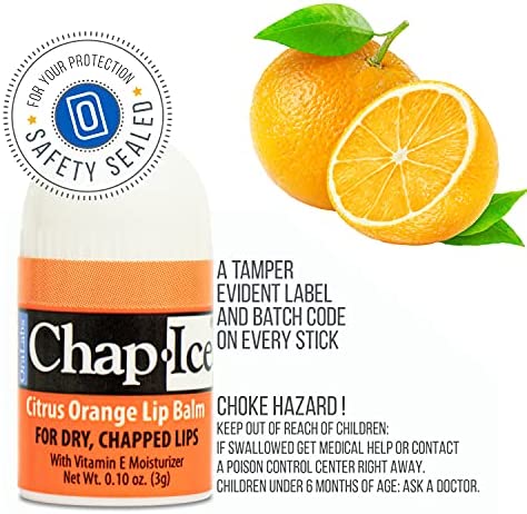 Chap-Ice® | 12-Count Mini Citrus Orange Lip Balm | Lip Balm Pack Fortified with Vitamin E for Dry, Cracked Lips | Made in USA | 12-Count Mini Lip Balm with Citrus Orange Flavor (0.10oz/3g Each)