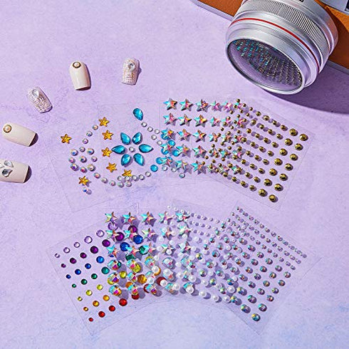9 Sheets Eye Body Face Gems Jewels Rhinestone Stickers Self Adhesive Crystal Rainbow Makeup Diamonds Face Stick Gems for Women Festival Accessory and Nail Art Decorations (Star and Bead)