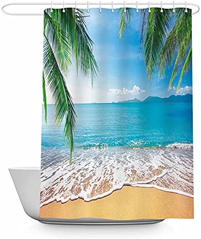 Allenjoy Tropical Beach Shower Curtain Summer Seaside Scene Ocean Island Palm Tree Bathroom Decorations Curtain Durable Bathtub Showers Decor with 12 Hooks 72x72 Inch