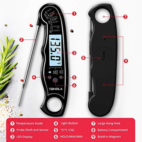 TEMOLA Meat Thermometer, Instant Read Food Thermometer with LCD Backlight Calibration, Waterproof Ultra Fast Digital Cooking Thermometer for Candy Deep Fry Liquids Beef Kitchen Baking Smoker Grill BBQ