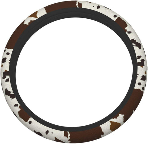 Cow Leather Skin Brown Car Steering Wheel Cover Elastic Comfortable Neoprene Steering Wrap Universal 15 Inch Durable Protector
