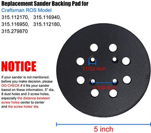 5 Inch 8 Hole Hook and Loop Replacement Sander Pad for Craftsman 315112170, 315116940, 315116950, 315112180, 315279870 Random Orbit Sanders