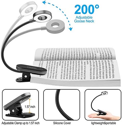 Visson Stepless Dimming Book Light,12 LED Reading Lights for Books in Bed,3 Color Temperature,Rechargeable Clip-on Light with Magnetic Function.Perfect for Bookworms,Kids