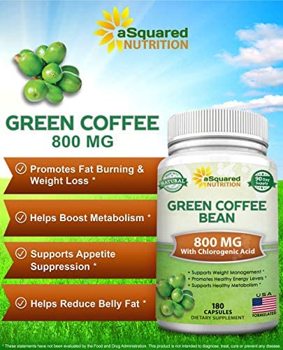 Natural Green Coffee Bean Formula - 180 Capsules - Max Strength GCA Antioxidant Cleanse for Pure Weight Loss, 800mg per Pill - with Chlorogenic Acid - 1600mg Daily Supplement, Healthy Fat Burner