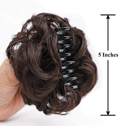 DeeThens Messy Bun Hair Piece Tousled Updo Hairpiece for Women Wavy Curly Scrunchies Clip in Claw Hair Bun Synthetic Chignon Claw Clip With Hair Attached (Darkest Brown)