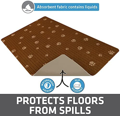 Drymate Pet Bowl Placemat, Dog & Cat Food Feeding Mat - Absorbent Fabric, Waterproof Backing, Slip-Resistant - Machine Washable/Durable (USA Made) (12” x 20”) (Brown Stripe Tan Paw)