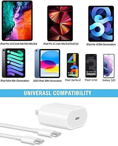 20W USB C Fast Charger with 10ft USB C to C Charging Cord for 2022/2021/2020/2018 iPad Pro 12.9 Gen 6/5/4/3, iPad Pro 11 Gen 4/3/2/1, iPad Air 5th/4th Generation, iPad 10th Generation, iPad Mini 6th
