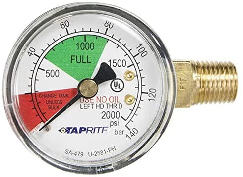 Taprite Regulator Guage, 0-2000 PSI, Left Hand Thread