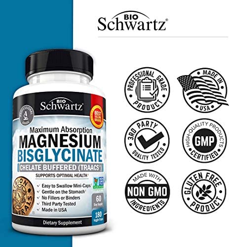 Magnesium Bisglycinate 100% Chelate No-Laxative Effect - Maximum Absorption & Bioavailability, Fully Reacted & Buffered - Healthy Energy Muscle Bone & Joint Support - Non-GMO Project Verified -180ct