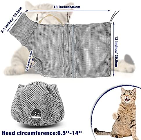 2 Pieces Cat Grooming Washer Mesh Bag Cat Muzzles Breathable Mesh Muzzles Adjustable Kitten Scratch-Resistant Cat Restraint Bag Fixed Bag Cat Bath Bag for Cat Bathing Nail Trimming Feeding (Gray)