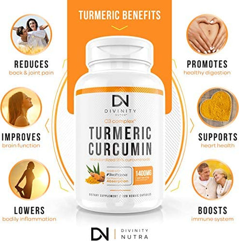 Turmeric Curcumin Supplement with BioPerine (Black Pepper Extract) and C3 Complex - Anti-Inflammatory & Joint Support - Max Strength 95% Curcuminoids - 120 Veggie Capsules (2 Month Supply)