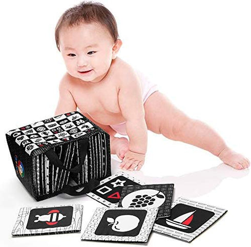 teytoy Black and White Baby Sensory Toys High Contrast Cards Cloth Fabric Soft Cards for Newborn 0-6 Months Visual Stimulation Early Development with Animals Fruit Number Shape Letter, 26 Pcs