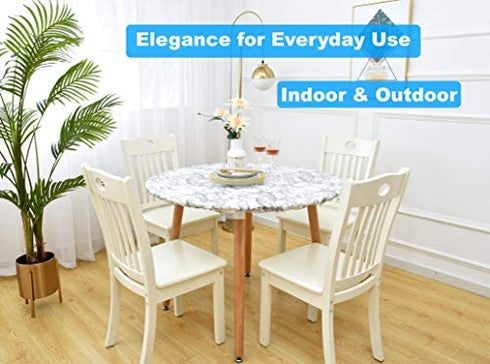 Rally Home Goods Indoor Outdoor Patio Round Fitted Vinyl Tablecloth, Flannel Backing, Elastic Edge, Waterproof Wipeable Plastic Cover, White Marble Pattern for 5-Seat Table of 36-42’’ Diameter
