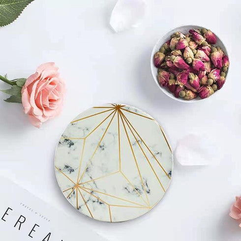 Ipeovrn Coasters for Drinks, Absorbent Ceramic Stone Coaster Set with Metal Holder Stand, Cork Base, for Home Decor, Set of 6 - White