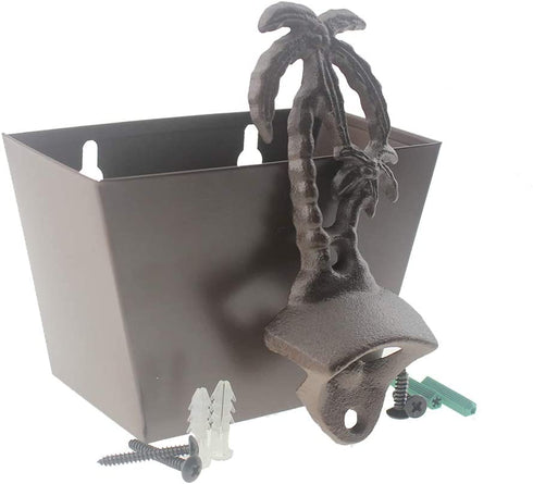 Outdoor Retro Palm Tree Cast Iron Beer Bottle Opener Wall Mounted with Vintage Stainless Steel Cap Catcher for Beach Theme Party