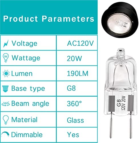 G8 Halogen Light Bulbs 20W 120V Xenon Under Cabinet Lighting Replacements G8 Base 2Pin T4 JCD Type (10PCS)