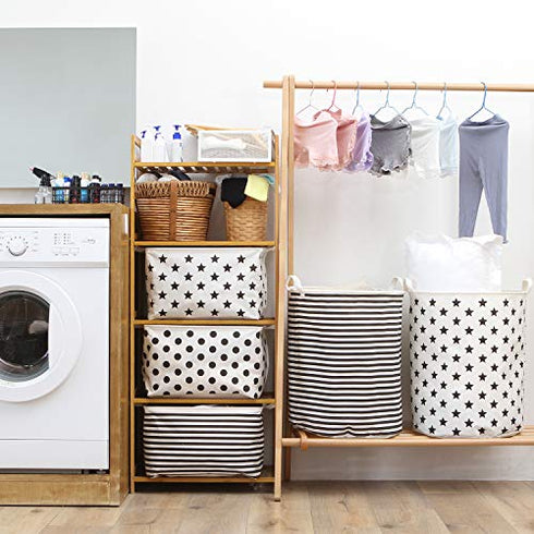 Sea Team Collapsible Canvas Fabric Storage Basket with Handles, Rectangle Waterproof Storage Bin, Box, Cube, Foldable Shelf Basket, Closet Organizer, 16.5 x 11.8 x 9.8 Inches, Black Stripe