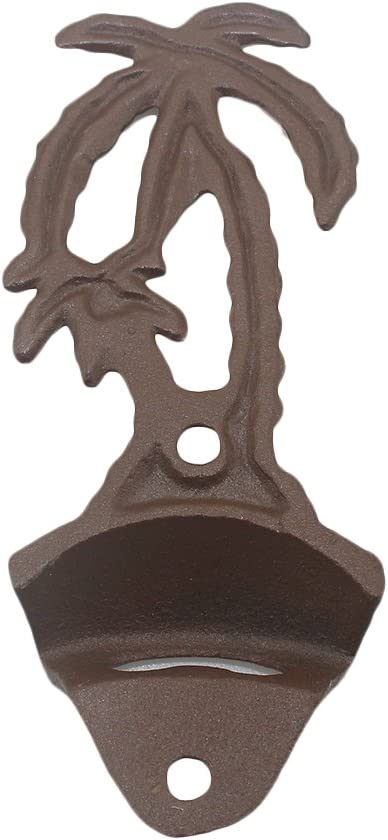 Retro Palm Tree Beer Bottle Opener Wall Mounted and Vintage Stainless Steel Cap Catcher Bin Set for Pop Soda Kitchens Patio Beach (Rustic Coconut)1
