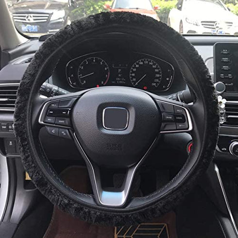 YOOFER Elastic Fluffy Plush Steering Wheel Cover for Warm in Winter, Fuzzy Steering Wheel Cover Universal 15 inches,Black