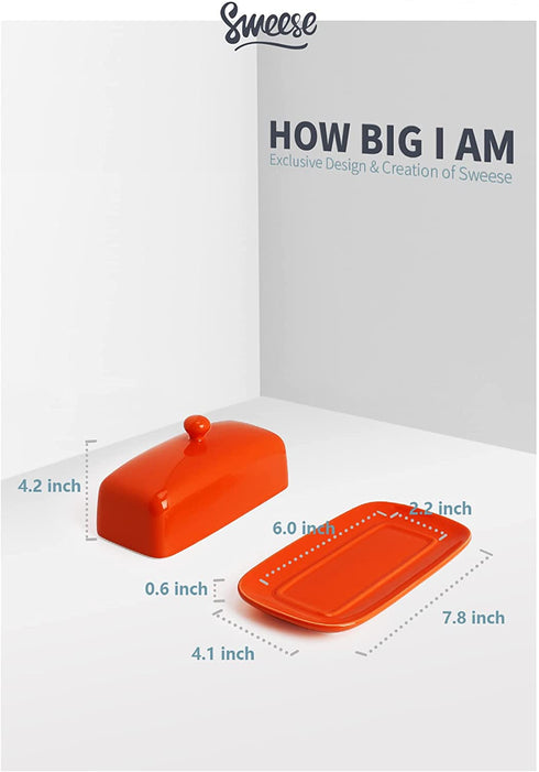 Sweese 307.106 Porcelain Butter Dish with Lid, Perfect for East West Coast Butter, Orange
