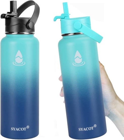SYACOT 40 oz Stainless Steel Water Bottle, Insulated Double Wall Vacuum Leak Proof Water Flask, Metal Thermo Canteen Mug €”Wide Mouth with 2 Straw Lids(40 oz, Mint/Cobalt)