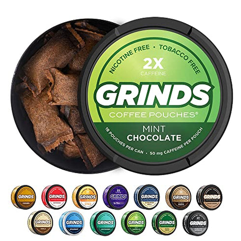 Grinds Coffee Pouches | 3 Cans of Mint Chocolate | Made in the USA | Tobacco Free, Nicotine Free Healthy Alternative | 18 Pouches Per Can | 1 Pouch eq. 1/4 Cup of Coffee (Mint Chocolate)