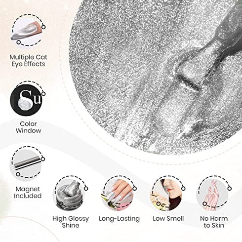 SUPWEE 10ml Silver Cat Eye Gel Nail Polish Universal Bright Glitter Cat Eye Gel Magnetic Nail Polish Gel Art Manicure DIY at Home Soak Off UV Gel with Magnet