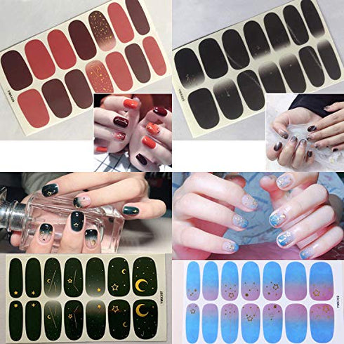 WOKOTO 20 Sheets Full Wraps Nail Art Polish Stickers Strips Set with 1Pc Nail File Glitter Star Adhesive Nail Decals Manicure Tips