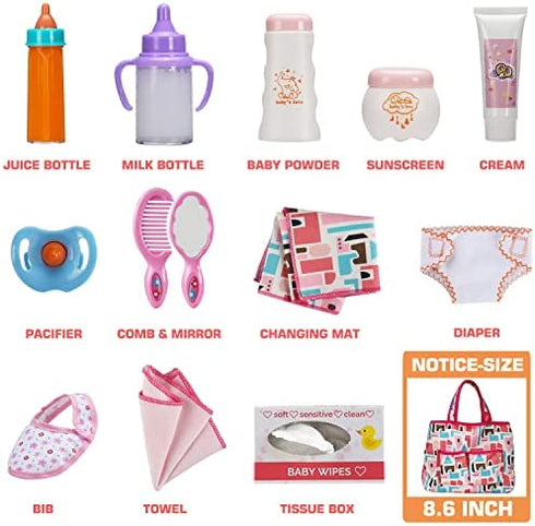 14 Pack Baby Doll Accessories, Baby Doll Feeding and Caring Set Includes Diaper Bag, Doll Diapers, Magic Bottle, Changing Mat for Girl Toddler Kid, Babies Pretend Play Set for Birthday Gift Christmas