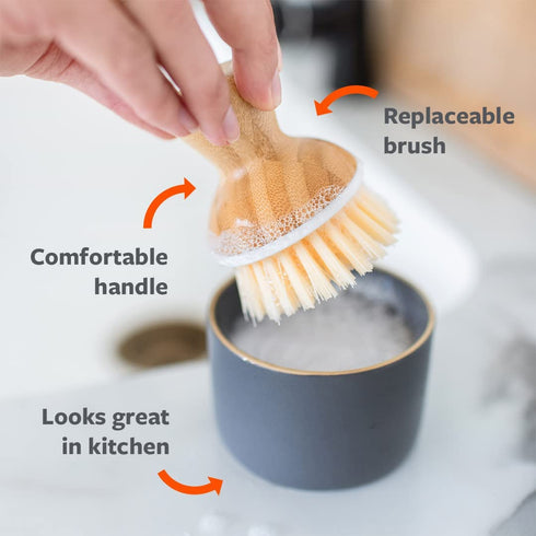 Full Circle Bubble Up Ceramic Soap Dispenser & Bamboo Dish Brush, White/Gray