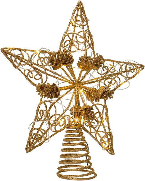 Kurt S. Adler Kurt Adler 11.75-Inch 30 Fairy Light Gold Star with Pinecones Treetop Tree Topper, Multi