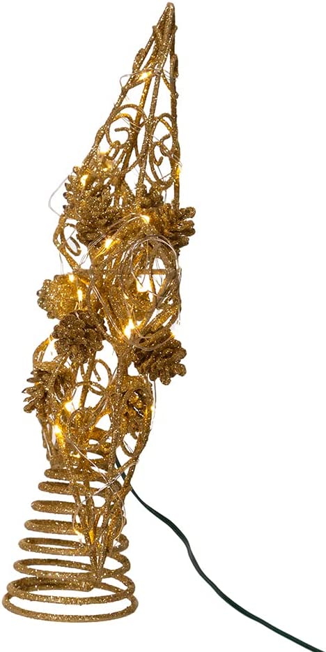 Kurt S. Adler Kurt Adler 11.75-Inch 30 Fairy Light Gold Star with Pinecones Treetop Tree Topper, Multi