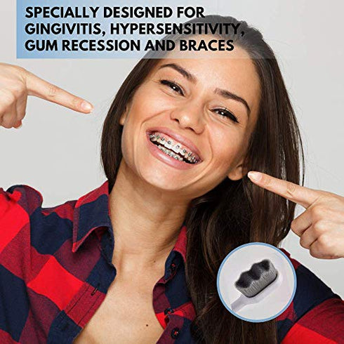 Extra Soft Toothbrush for Sensitive Gums and Teeth. Micro Nano Toothbrushes with 20,000 Ultra Soft Bamboo Charcoal Bristles. Excellent Cleaning Effect (2 Pack) (Black Wave Bristle)