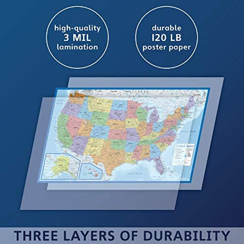 3 Pack - World & USA Map Poster Set + Periodic Table of The Elements Chart for Kids (Laminated, 18" x 29)
