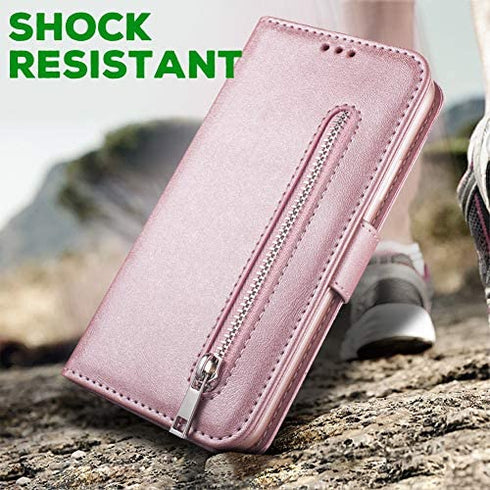 KUDEX iPhone 7 Plus Wallet Case for Women,iPhone 8 Plus Case, Flip Leather Shockproof Magnetic Zipper Pocket Wallet Purse Case w/Stand Card Slot Holder Wrist Strap for iPhone 7 Plus/8 Plus (Rosegold)