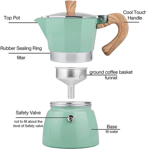 TCOOME Classic Italian Stovetop Espresso Maker for Great Flavored Strong Espresso?3 Cups Multicolors Italian Style Aluminous Espresso Mocha Pot,Cuban and Greca coffee maker,150ML/300ML moka coffee pot ,Brewer Percolator with wooden handle (BLACK, 150ML/
