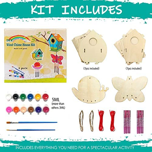 Arts and Crafts for Kids Ages 4-8 8-12, 2 Pack DIY Bird House Wind Chime Kids Crafts, Craft Kits for Girls Boys Toddlers 4-6 6-8, Painting Kits Includes Paints & Brushes
