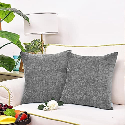CaliTime Pack of 2 Cozy Throw Pillow Covers Cases for Couch Sofa Home Decoration Solid Dyed Soft Chenille 22 X 22 Inches Medium Grey