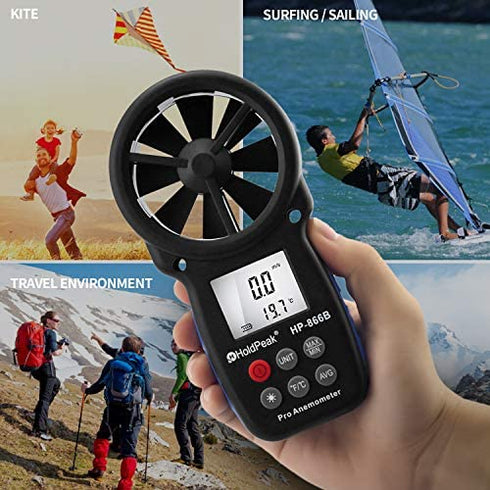 HoldPeak 866B Digital Anemometer Handheld Wind Speed Meter for Measuring Wind Speed, Temperature and Wind Chill with Backlight and Max/Min