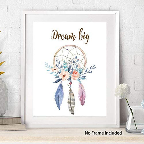 KAIRNE Girls Boho Tribal Art Print,Dreamcatcher Feathers Flowers With Inspirational Quote Wall Poster Picture,Set Of 6(8X10“ Unframed) Watercolor Positive Affirmation Words Bohemian Canvas Poster