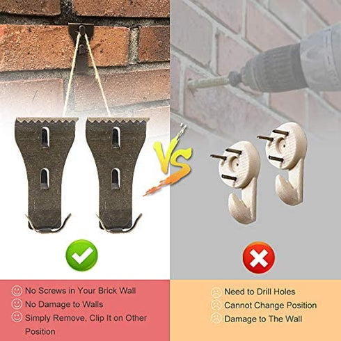 Brick Wall Clips Hooks Fastener - Coideal 12 PCS Metal Brick Hangers Hook Clip for Outdoor Hanging Pictures Lights Wreaths Stockings Garland No Drill, Fit Brick 2 1/5 to 2 1/2 Inch (Bronze)