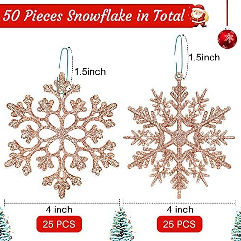Blulu 50 Pieces Plastic Snowflake Ornaments Glitter Snowflake Christmas Tree Hanging Decorations with 50 Pieces Hooks for Winter Home Wonderland Decor Xmas Party Favors Supplies (Rose Gold)