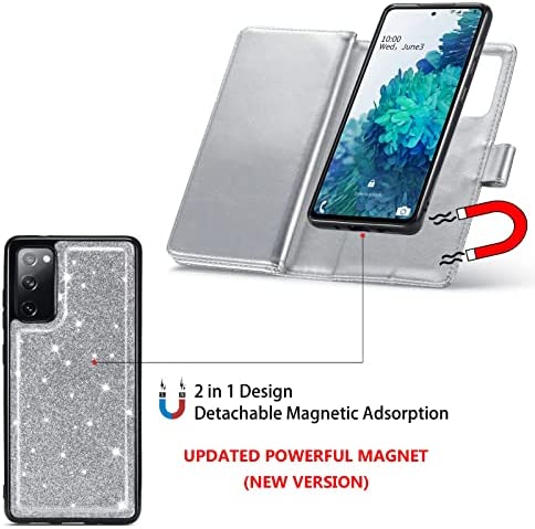 Varikke Samsung S20 FE Case Wallet, Case for Samsung S20 FE 5G with 9 Card Holders & Magnetic Detachable Cover & Kickstand & Lanyard Strap Glitter PU Leather Folio Flip Case for Galaxy S20 FE, Silver