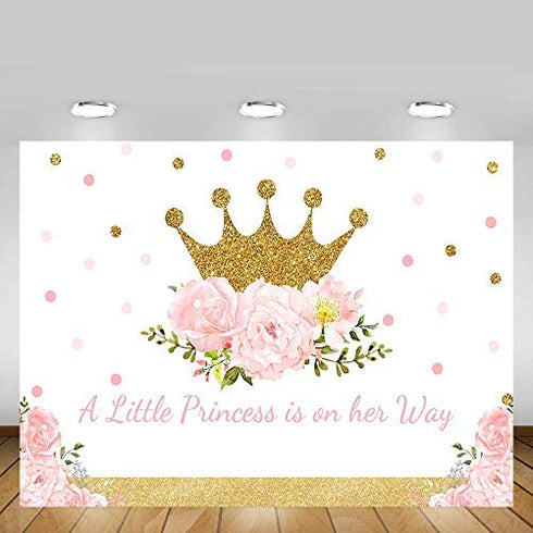 MEHOFOTO Little Princess Baby Shower Photo Studio Booth Background Pink Floral Shimmer Gold Crown Polka Dots Royal Celebration Photography Backdrops Banner for Cake Table Supplies 7x5ft