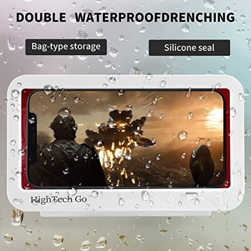 HighTech Go Shower Phone Holder Waterproof, Bathroom Phone Case - Wall-Mounted Mobiles Holder Compatible with Cell Phones Such as iPhone 13 Pro, 12 11 XS XR 8 7 6 5 4, Galaxy, Xperia (White)