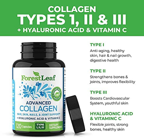 Forest Leaf - Collagen Pills with Hyaluronic Acid & Vitamin C - Reduce Wrinkles, Tighten Skin, Boost Hair, Skin, Nails & Joint Health - Hydrolyzed Collagen Peptides Supplement - 120 Capsules