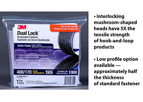 3M Dual Lock Reclosable Fasteners, Heavy Duty Industrial Use, Clear, TB3561, 1" x 10 ft Mated Strip, Indoor/Outdoor Use, Great for Metal, Glass, Acrylic, PC, ABS