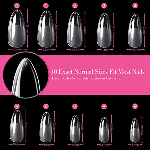 UNA GELLA Almond Fake Nails 500pcs Almond Press on Nails Pre-shape Almond Gel Nail Tips for Full Cover Acrylic Almond Nails French False Nails For Nail Extension Nail Art, Home DIY Nail Salon 12 Sizes False Gelly Tips