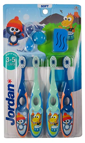 Jordan* Step 2 Kids Toothbrush, 3-5 Years, Soft Bristles, BPA Free (4 Pack) Blue & Green